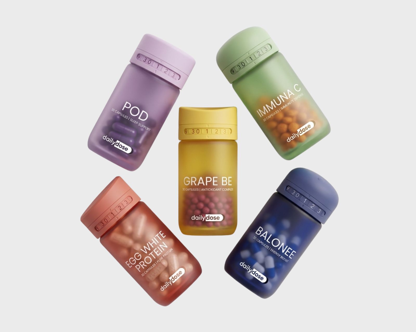 DailyDose bottles from above: POD, Grape BE, Immuna C, Baloonee and Egg White Protein
