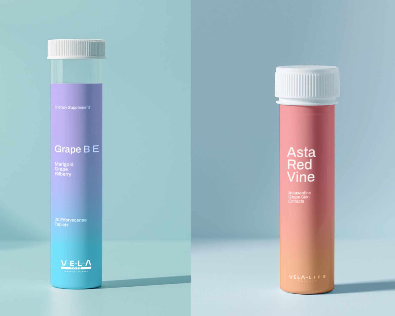 VE•LA Grape BE and Asta Red Vine effervescent tablet tubes